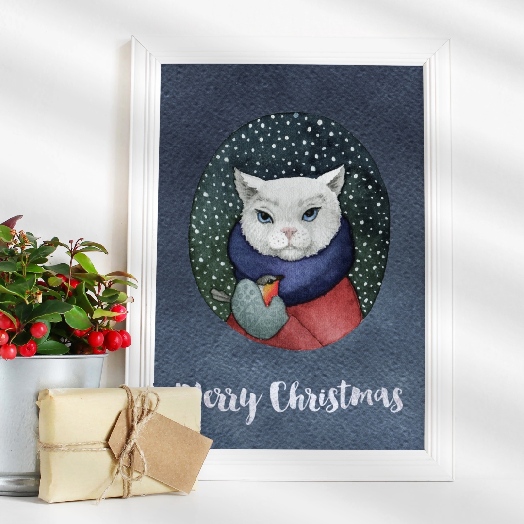 Watercolor Cat Christmas Winter Painting Art Print