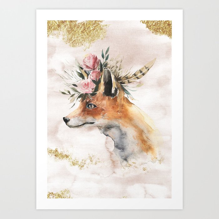 Watercolor Fox With Flowers And Gold Art Print